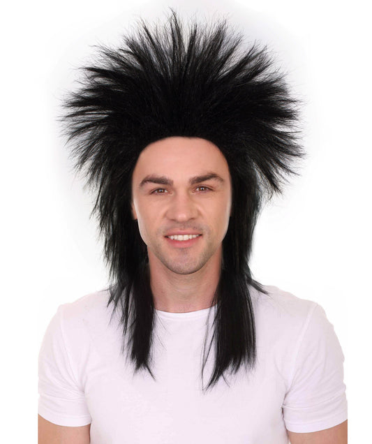 Men Rock and Roll Black Full Rave Wig Hair Halloween Fancy Party | Premium Breathable Capless Cap