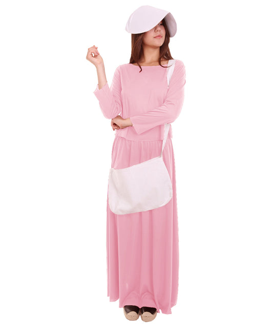 Women's Dress Handmaid Costume with Bag and Bonnet | Pink Fancy Costume