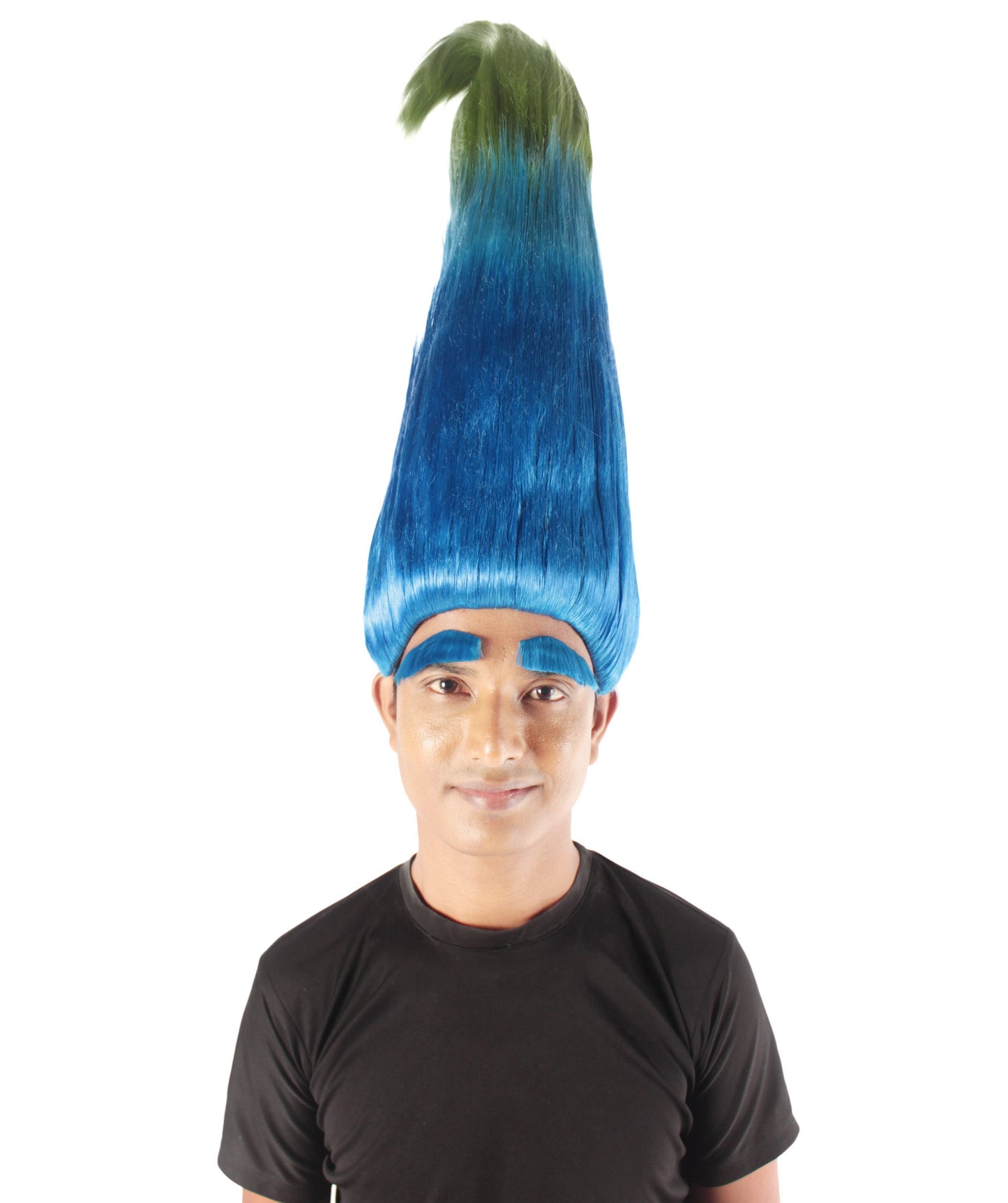 Men's Blue Green Pointy Zen Troll Wig with Blue Eyebrows, Synthetic Soft Fiber hair, Perfect for your next Halloween Festival and Holiday Party!