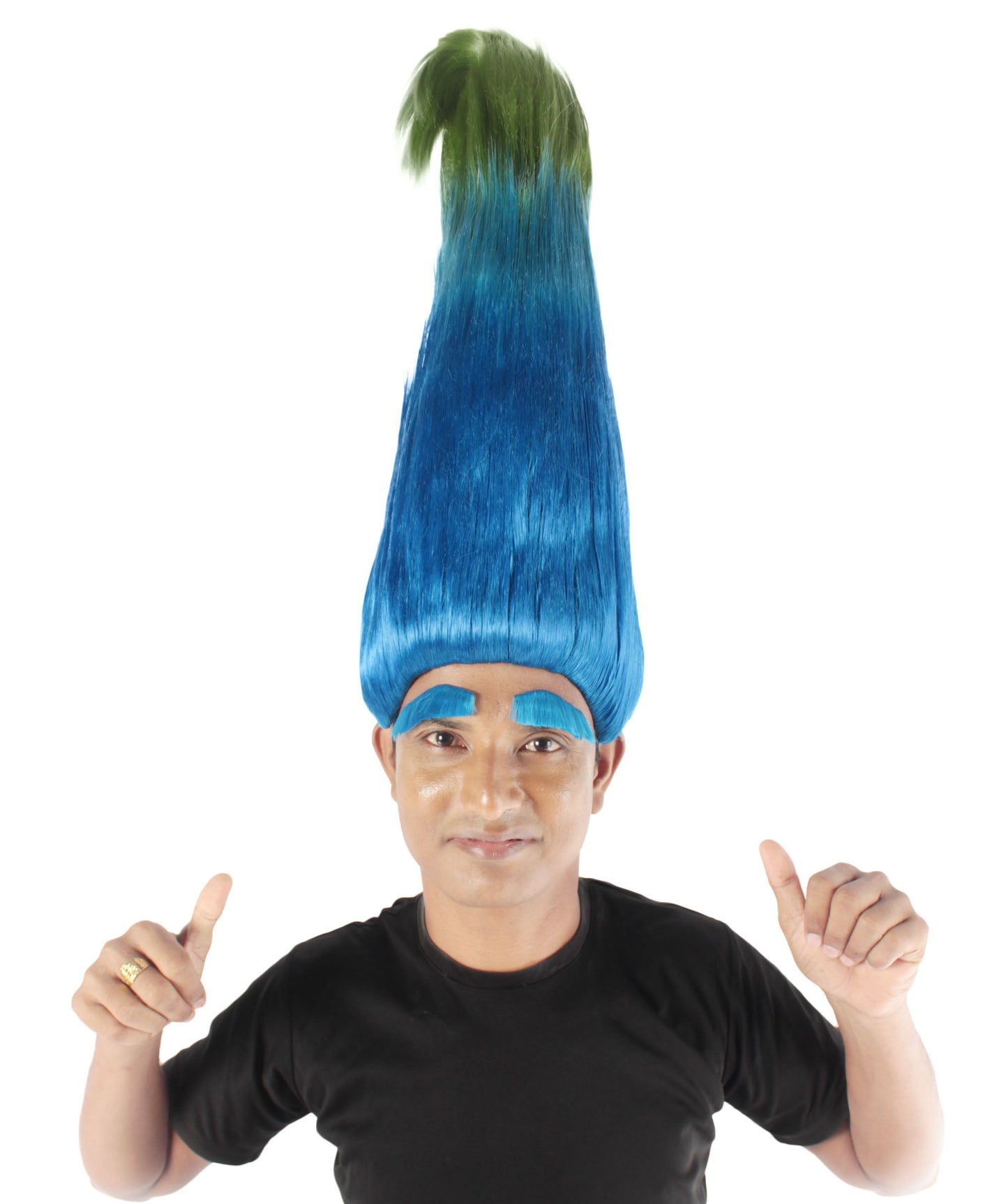 Men's Blue Green Pointy Zen Troll Wig with Blue Eyebrows, Synthetic Soft Fiber hair, Perfect for your next Halloween Festival and Holiday Party!