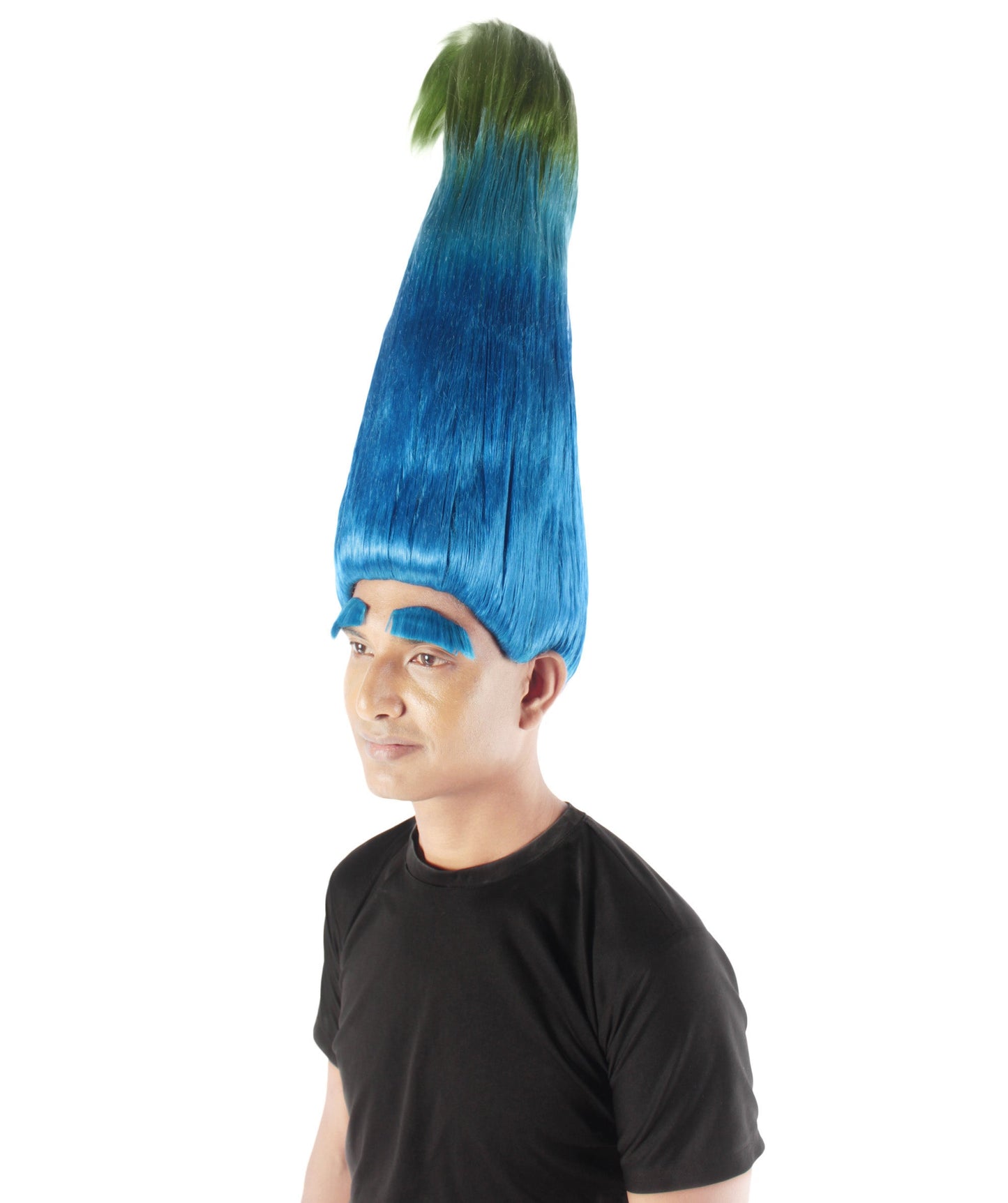 Men's Blue Green Pointy Zen Troll Wig with Blue Eyebrows, Synthetic Soft Fiber hair, Perfect for your next Halloween Festival and Holiday Party!