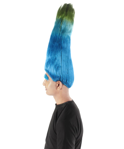 Men's Blue Green Pointy Zen Troll Wig with Blue Eyebrows, Synthetic Soft Fiber hair, Perfect for your next Halloween Festival and Holiday Party!