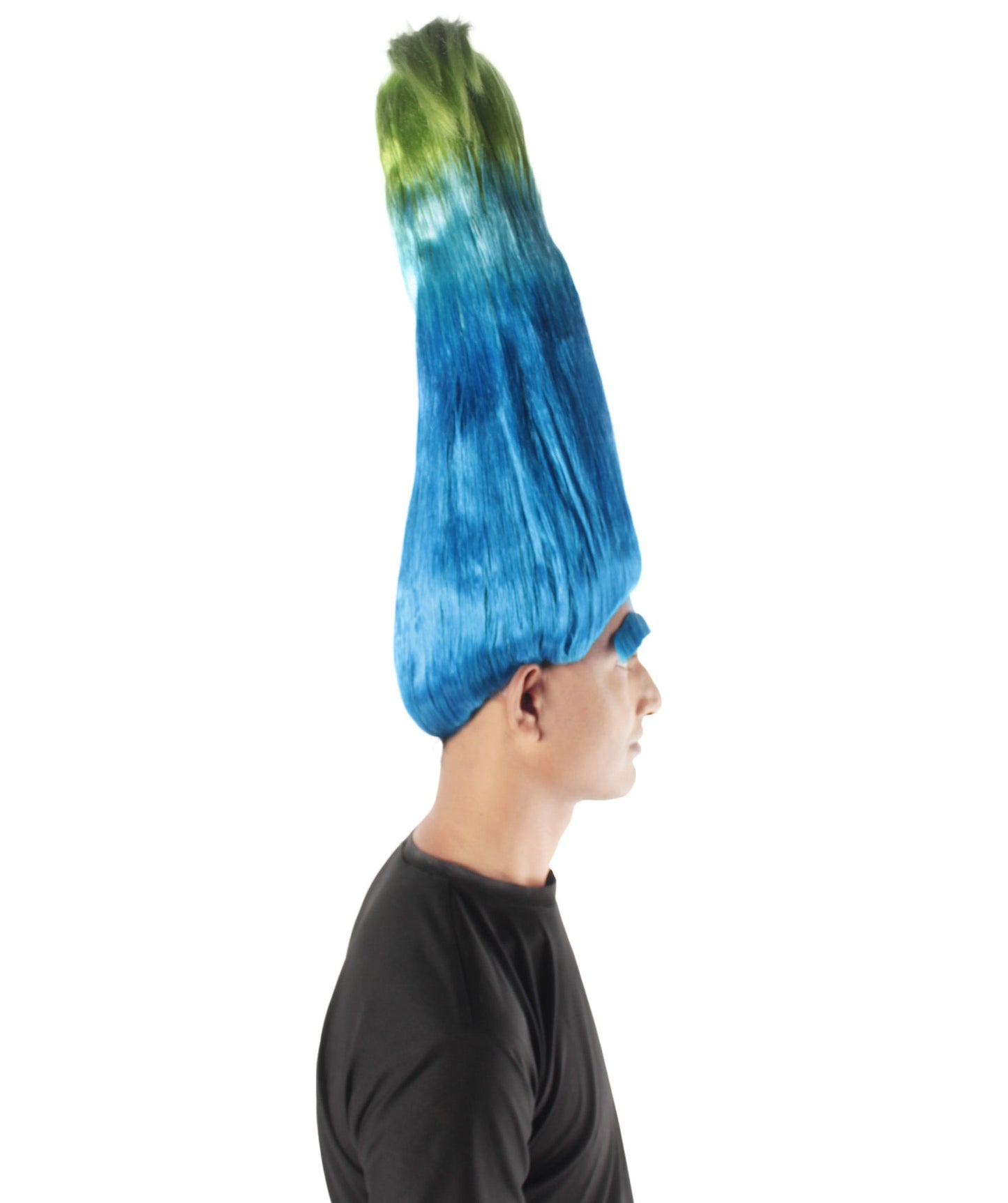 Men's Blue Green Pointy Zen Troll Wig with Blue Eyebrows, Synthetic Soft Fiber hair, Perfect for your next Halloween Festival and Holiday Party!