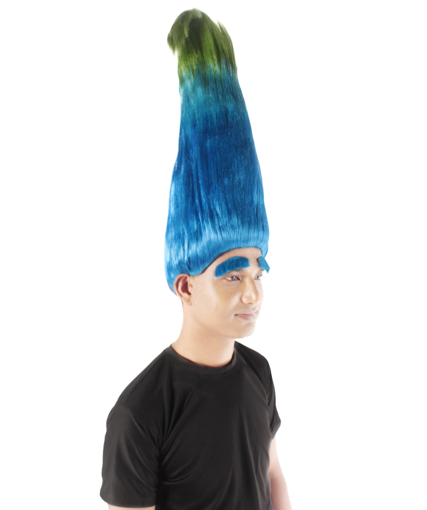 Men's Blue Green Pointy Zen Troll Wig with Blue Eyebrows, Synthetic Soft Fiber hair, Perfect for your next Halloween Festival and Holiday Party!