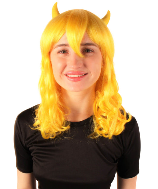 Light Yellow Anime Wavy Demon Wig with Horns