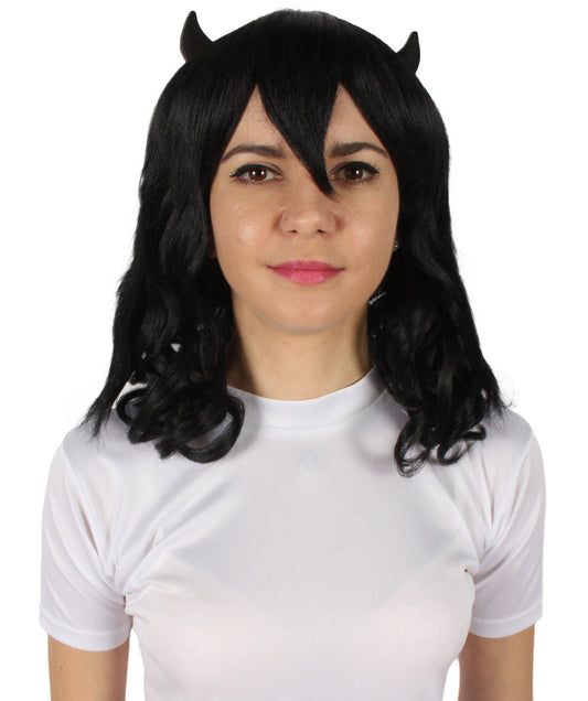 Black Anime Wavy Demon Wig with Horns