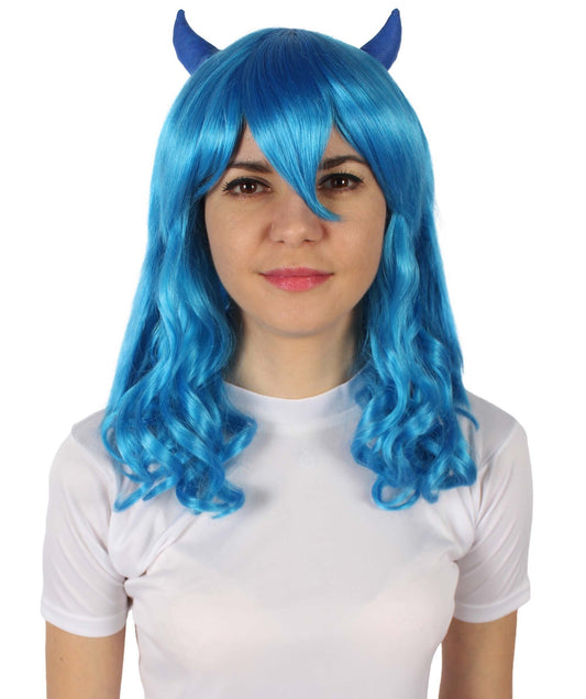 Blue Light Yellow Anime Wavy Demon Wig with Horns