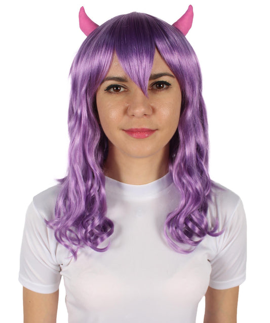 Dark Purple Anime Wavy Demon Wig with Horns