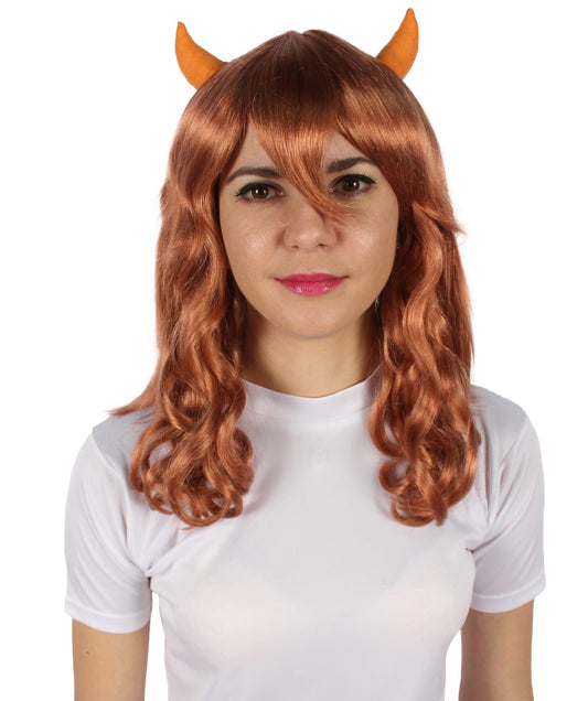 Auburn Brown Anime Wavy Demon Wig with Horns