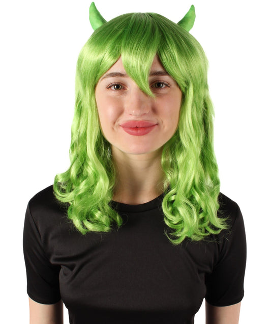 Lime Green Anime Wavy Demon Wig with Horns