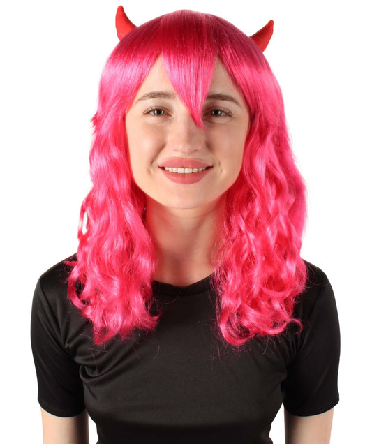 Pink Anime Wavy Demon Wig with Horns