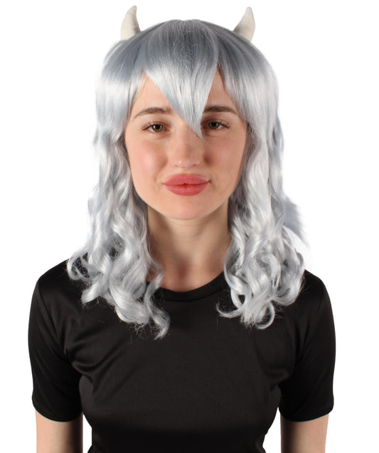 Dark Grey Wavy Demon Wig with Horns
