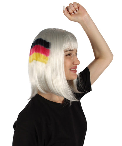 Women’s Flag-themed Medium Length Bob Wig with Bangs for Sporting Events, Multiple Countries Option, Flame-retardant Synthetic Fiber Wigs | HPO