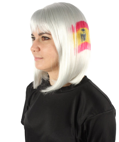 Women’s Flag-themed Medium Length Bob Wig with Bangs for Sporting Events, Multiple Countries Option, Flame-retardant Synthetic Fiber Wigs | HPO