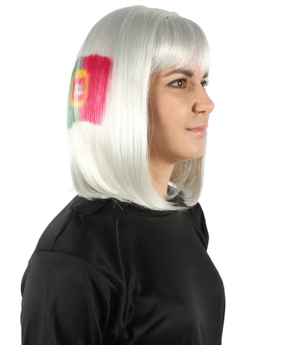 Women’s Flag-themed Medium Length Bob Wig with Bangs for Sporting Events, Multiple Countries Option, Flame-retardant Synthetic Fiber Wigs | HPO