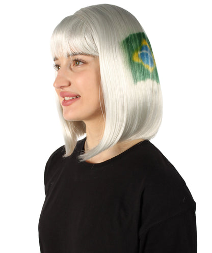 Women’s Flag-themed Medium Length Bob Wig with Bangs for Sporting Events, Multiple Countries Option, Flame-retardant Synthetic Fiber Wigs | HPO