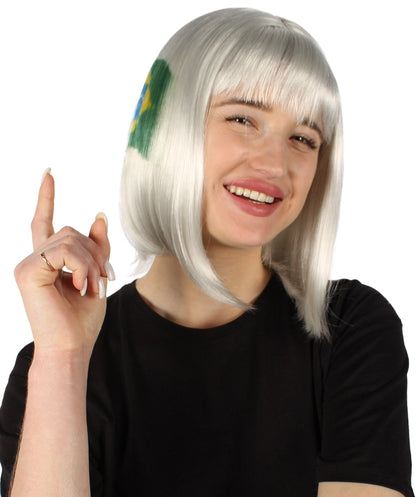 Women’s Flag-themed Medium Length Bob Wig with Bangs for Sporting Events, Multiple Countries Option, Flame-retardant Synthetic Fiber Wigs | HPO