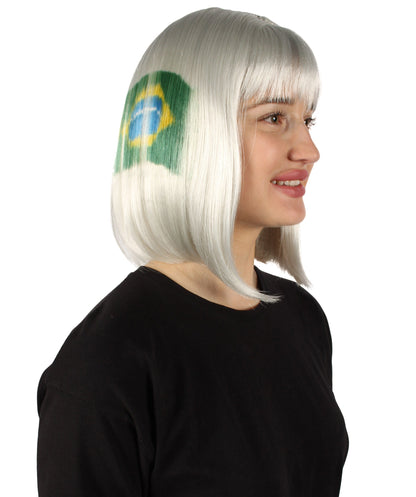 Women’s Flag-themed Medium Length Bob Wig with Bangs for Sporting Events, Multiple Countries Option, Flame-retardant Synthetic Fiber Wigs | HPO