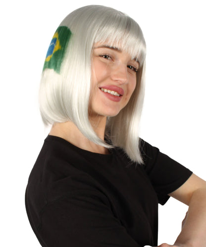 Women’s Flag-themed Medium Length Bob Wig with Bangs for Sporting Events, Multiple Countries Option, Flame-retardant Synthetic Fiber Wigs | HPO