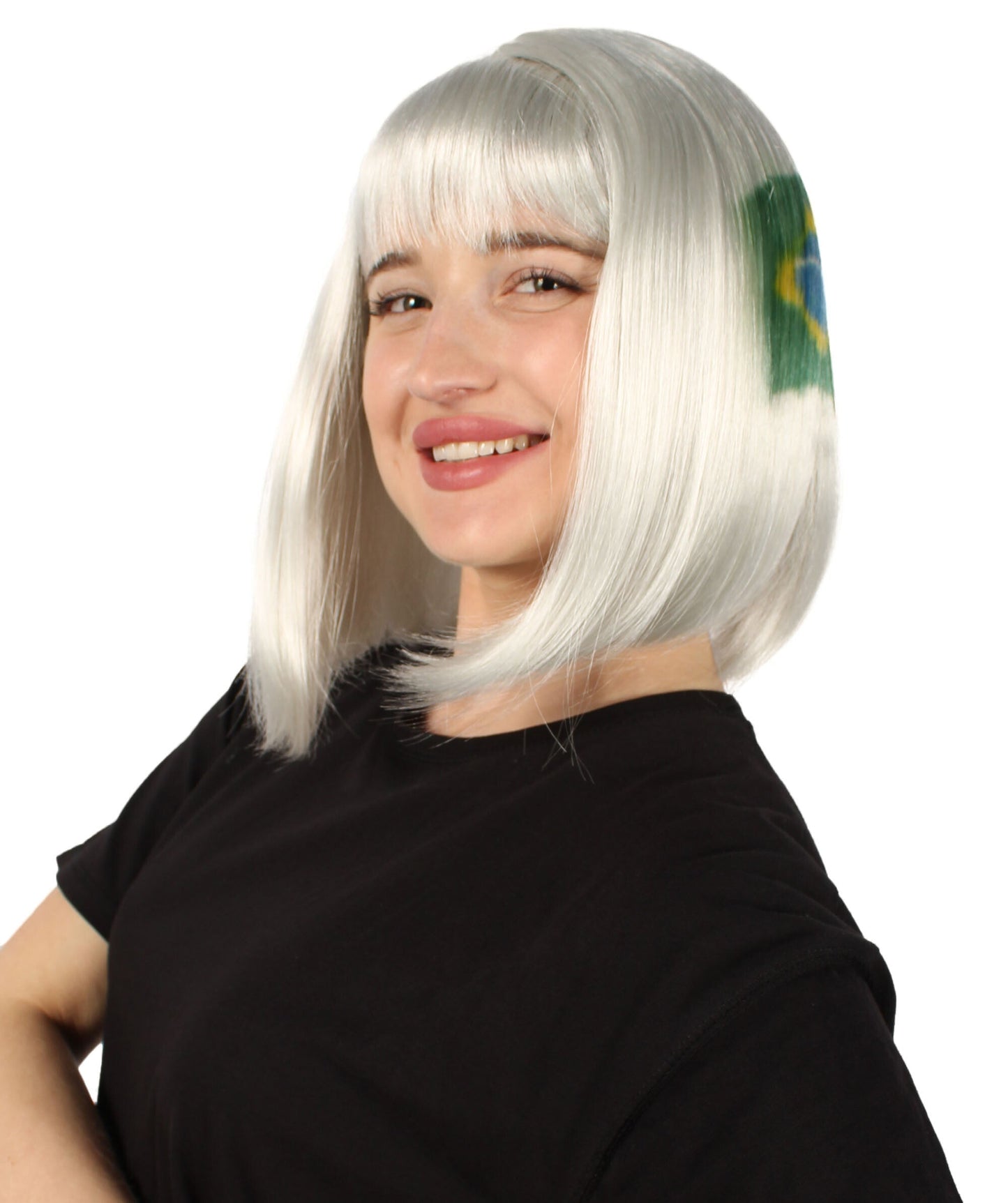 Women’s Flag-themed Medium Length Bob Wig with Bangs for Sporting Events, Multiple Countries Option, Flame-retardant Synthetic Fiber Wigs | HPO