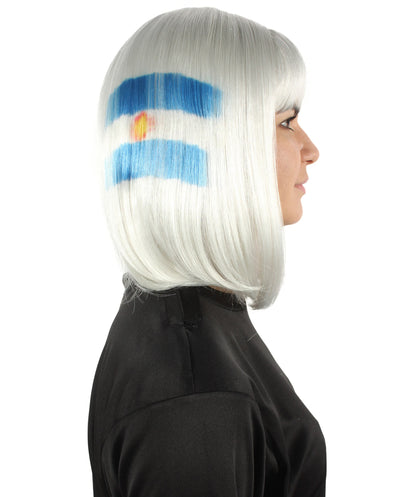 Women’s Flag-themed Medium Length Bob Wig with Bangs for Sporting Events, Multiple Countries Option, Flame-retardant Synthetic Fiber Wigs | HPO