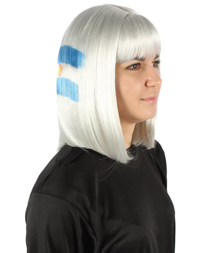 Women’s Flag-themed Medium Length Bob Wig with Bangs for Sporting Events, Multiple Countries Option, Flame-retardant Synthetic Fiber Wigs | HPO