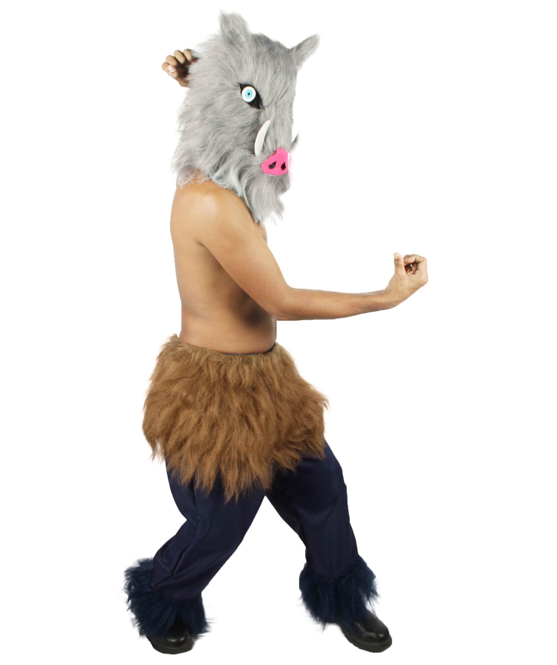  Men's Japanese Anime Demon Beast Fighter Cosplay Bundle Fluffy Boar's Head Mask with Pants and Waist Fur