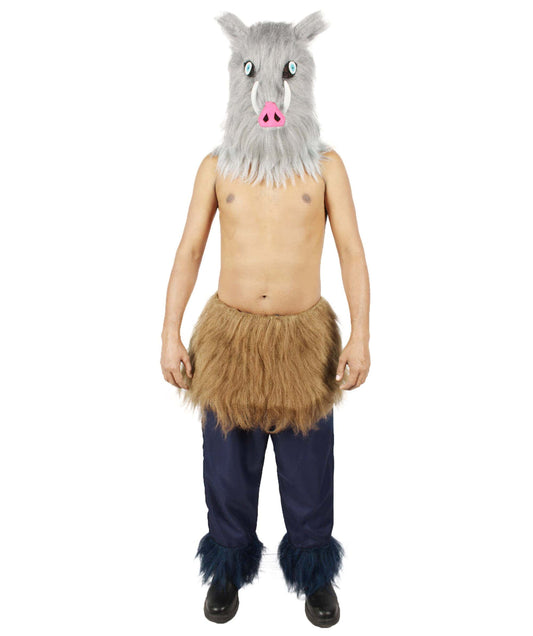  Men's Japanese Anime Demon Beast Fighter Cosplay Bundle Fluffy Boar's Head Mask with Pants and Waist Fur