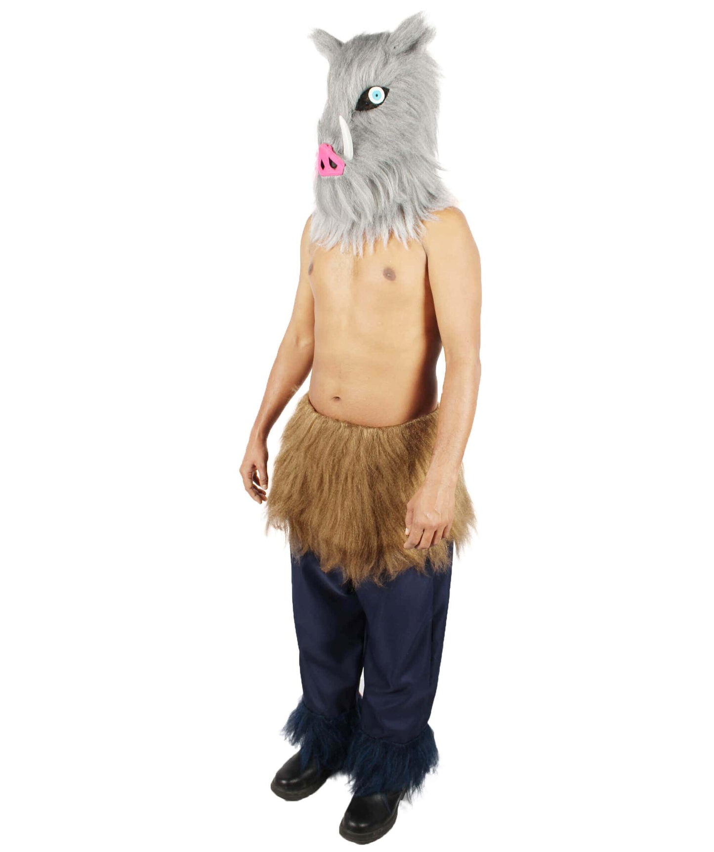  Men's Japanese Anime Demon Beast Fighter Cosplay Bundle Fluffy Boar's Head Mask with Pants and Waist Fur
