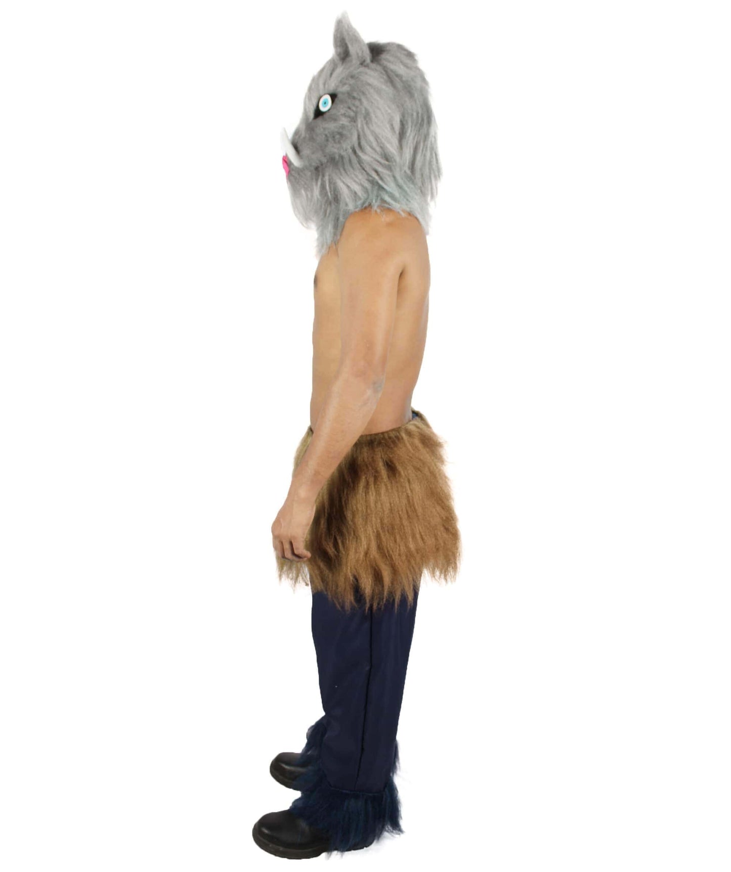  Men's Japanese Anime Demon Beast Fighter Cosplay Bundle Fluffy Boar's Head Mask with Pants and Waist Fur