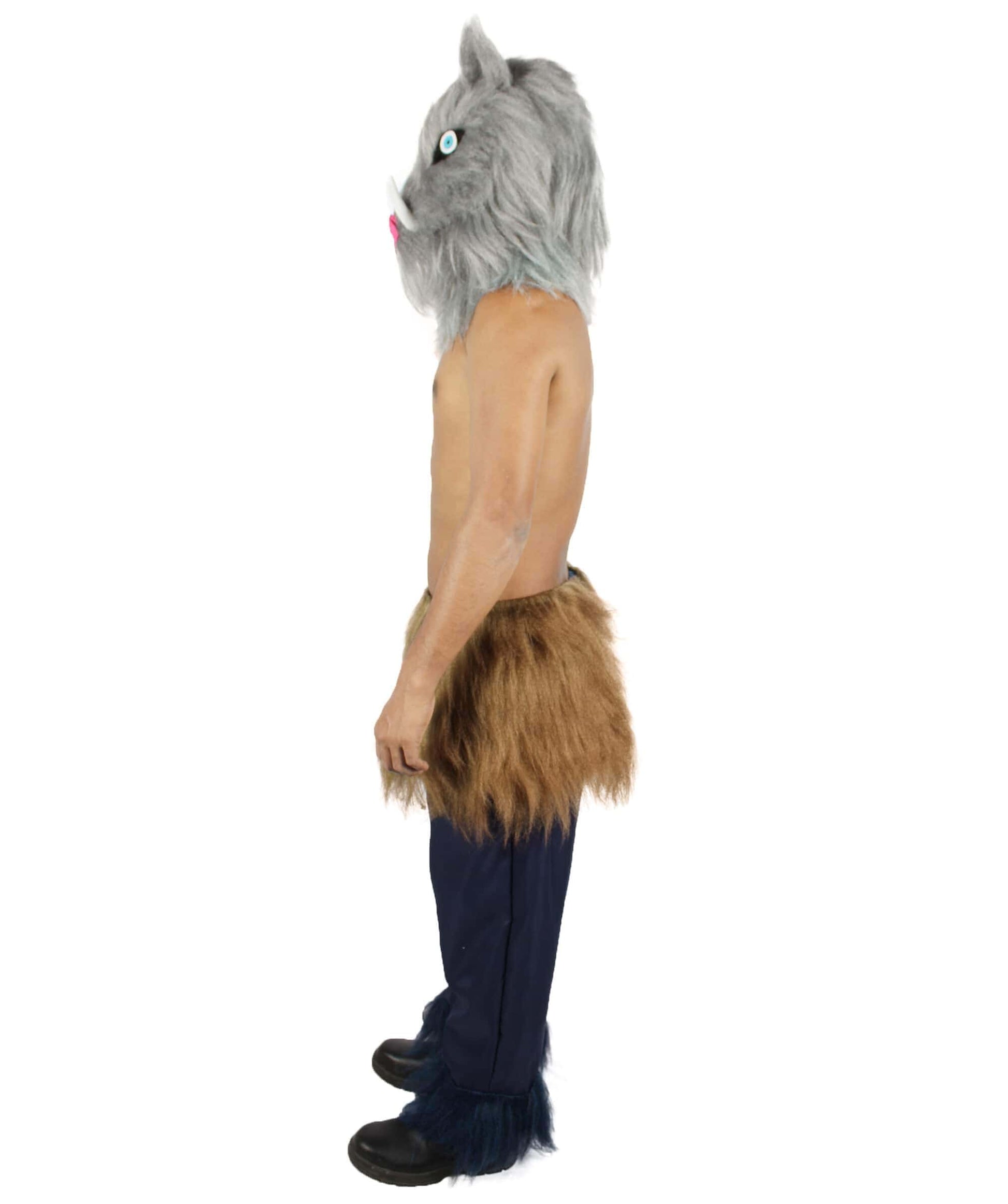  Men's Japanese Anime Demon Beast Fighter Cosplay Bundle Fluffy Boar's Head Mask with Pants and Waist Fur