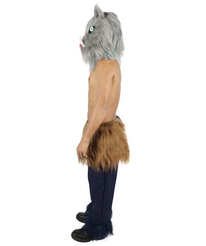  Men's Japanese Anime Demon Beast Fighter Cosplay Bundle Fluffy Boar's Head Mask with Pants and Waist Fur
