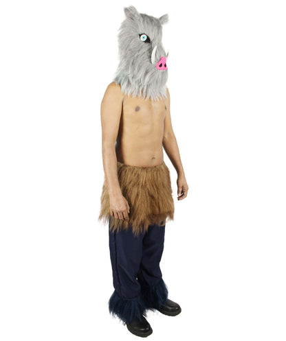  Men's Japanese Anime Demon Beast Fighter Cosplay Bundle Fluffy Boar's Head Mask with Pants and Waist Fur