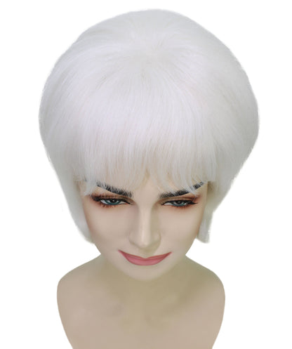 Women's Short and Groovy 60's Beehive Wig, 10" Inches Pure White Updo with Bangs Hair | HPO