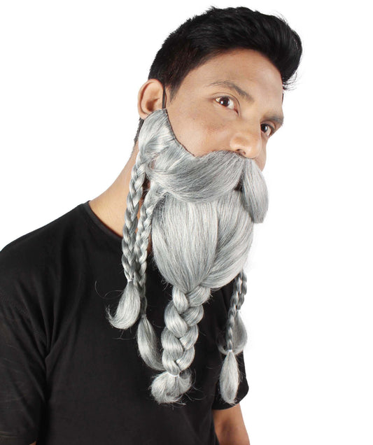 Men's Ash Grey Braided Vikings Beard and Giant Mustache