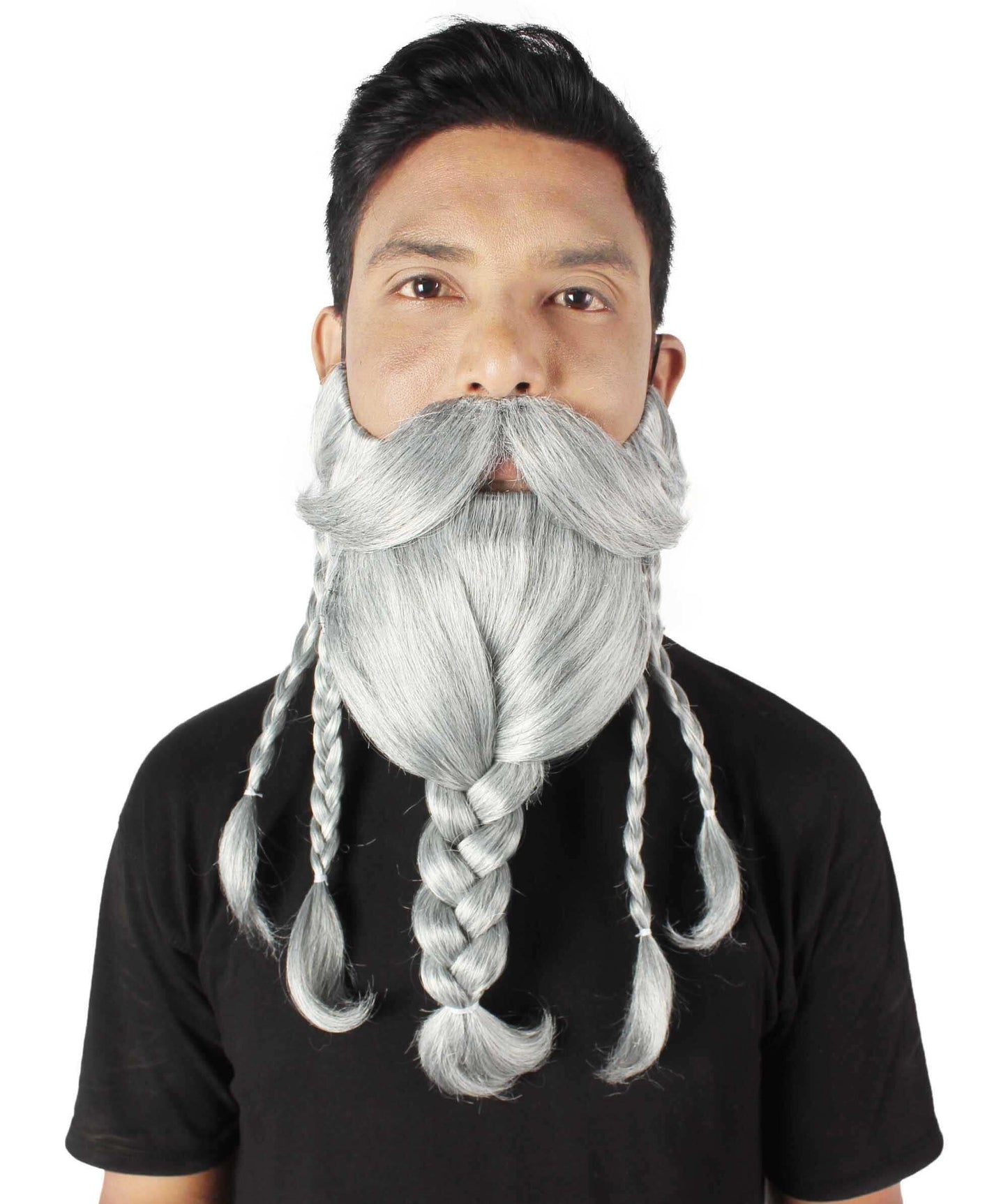 Men's Ash Grey Braided Vikings Beard and Giant Mustache