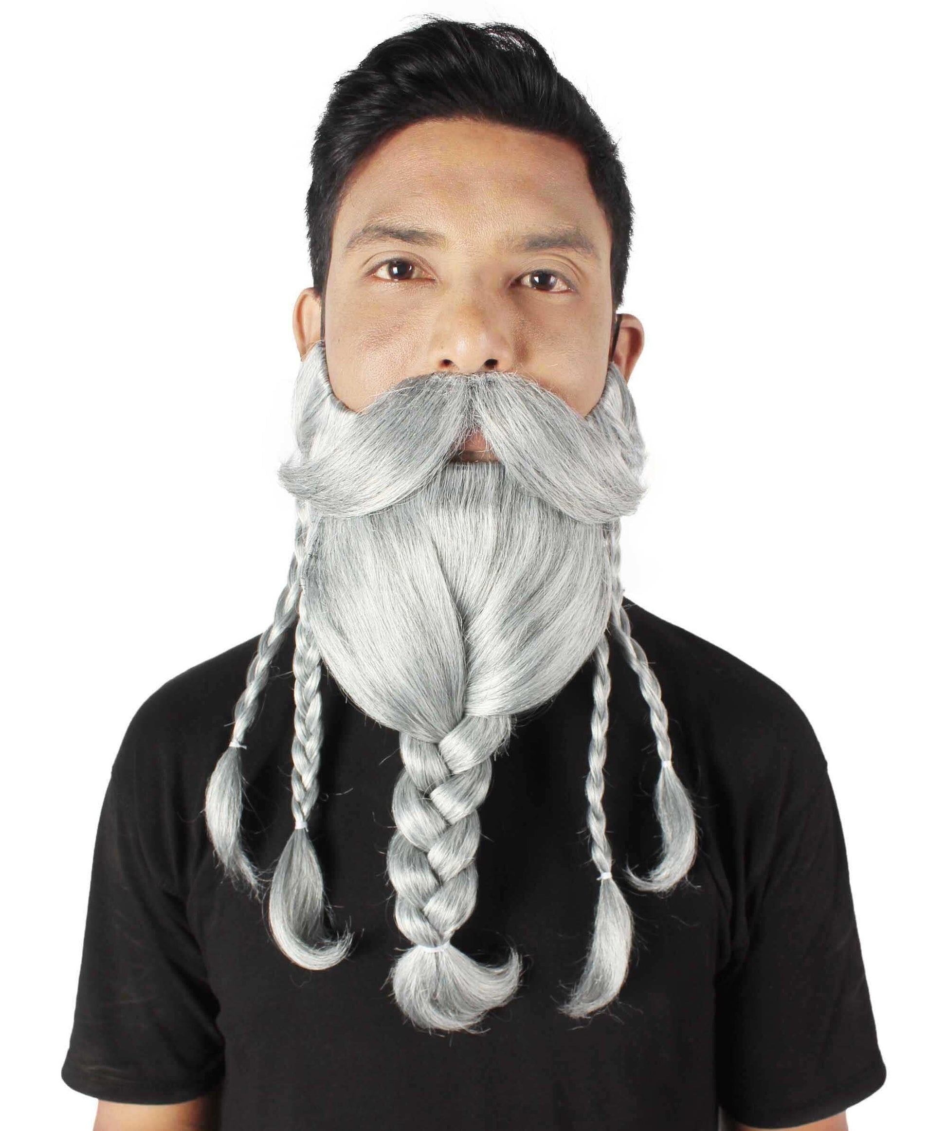 Men's Ash Grey Braided Vikings Beard and Giant Mustache