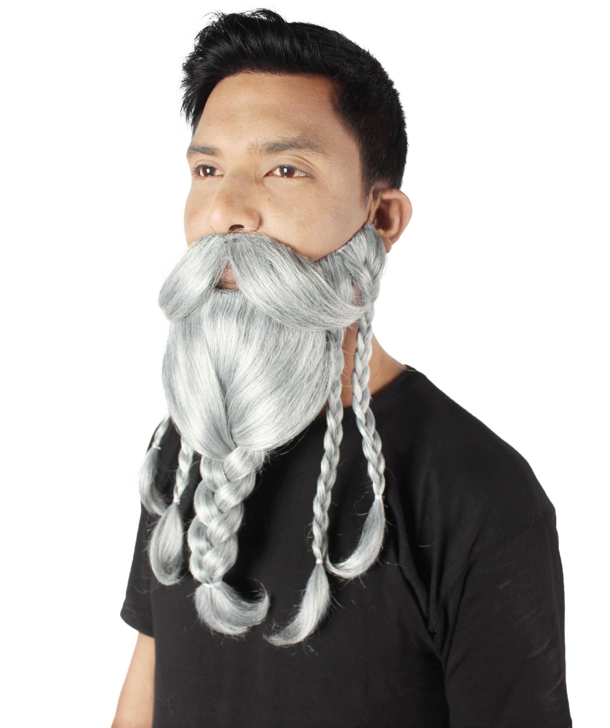 Men's Ash Grey Braided Vikings Beard and Giant Mustache