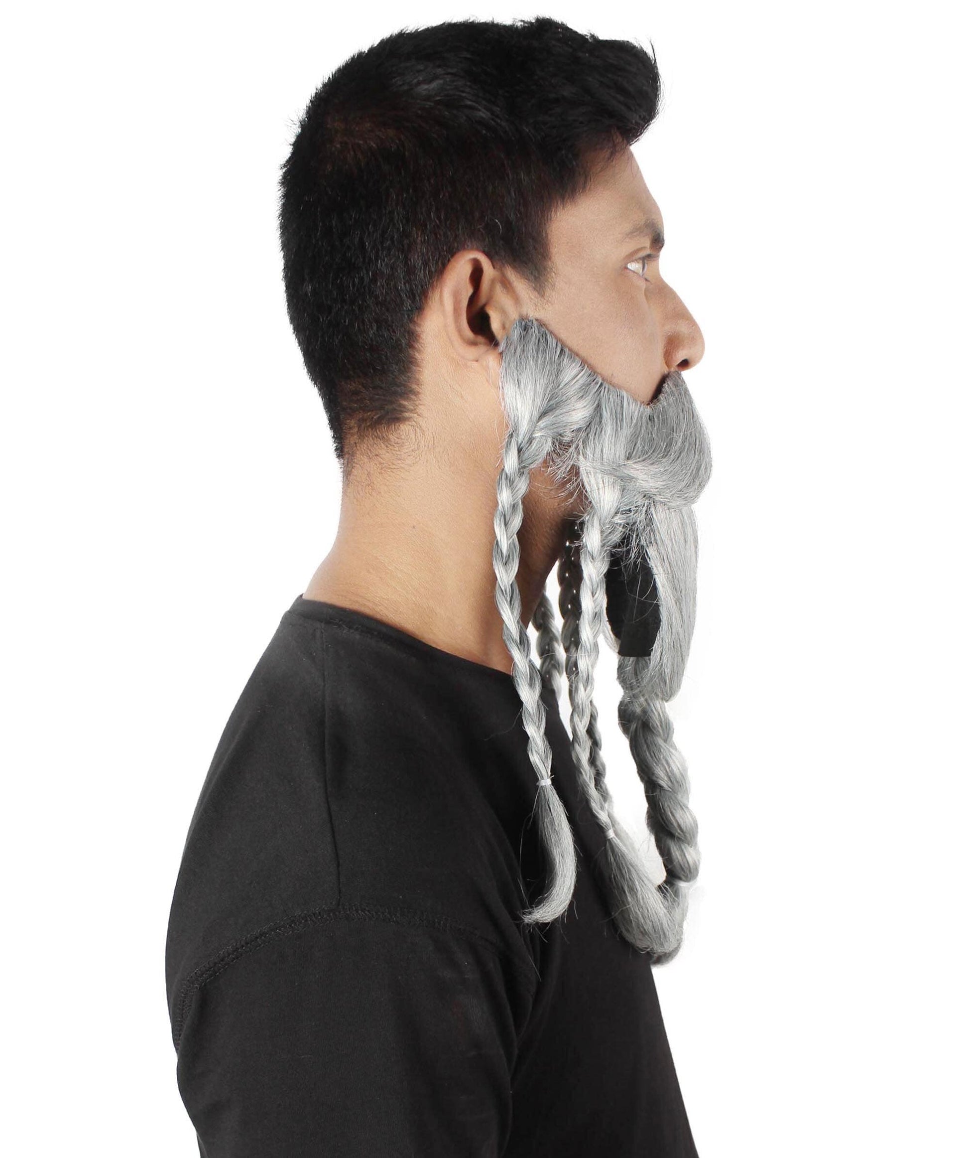 Men's Ash Grey Braided Vikings Beard and Giant Mustache