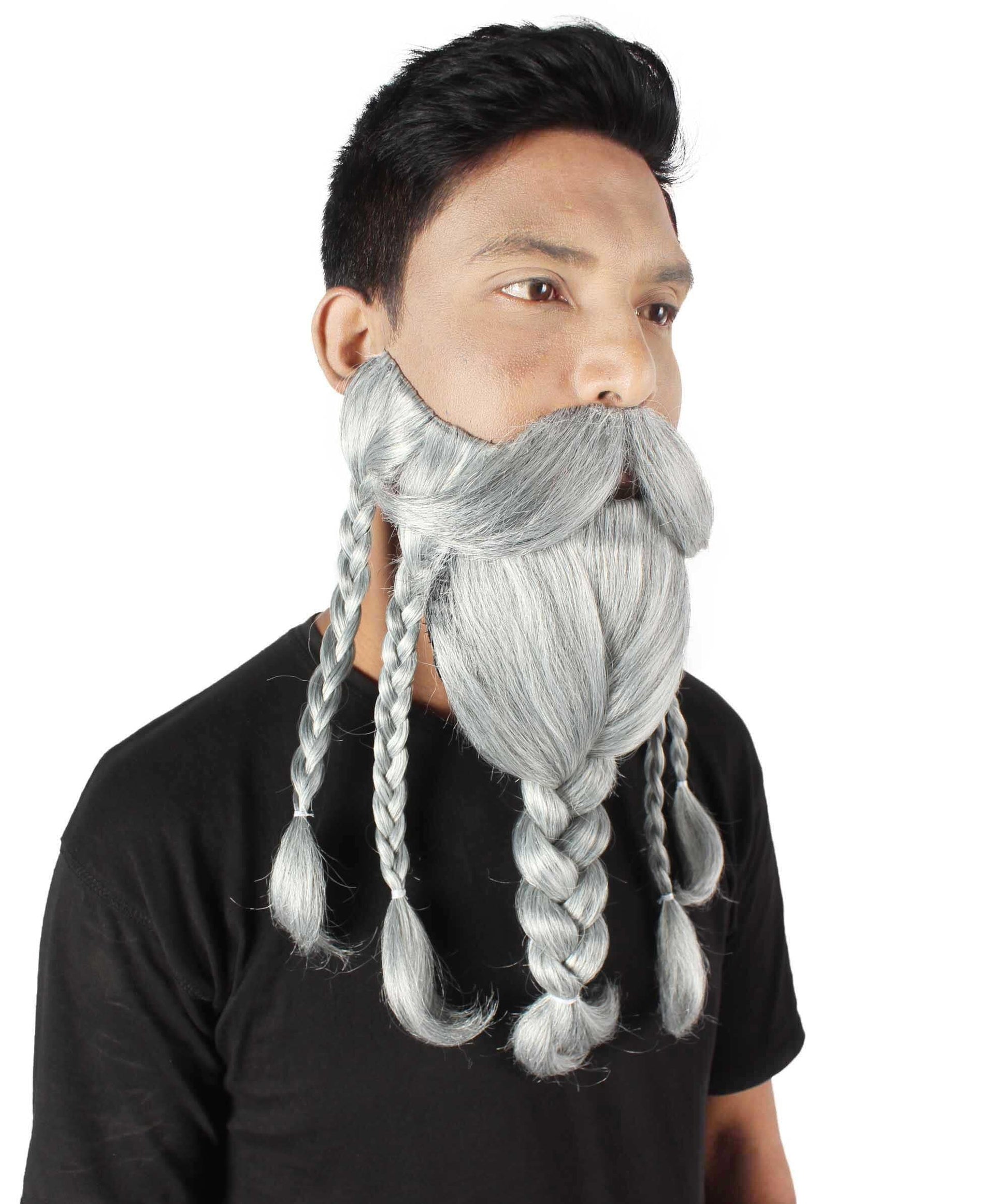 Men's Ash Grey Braided Vikings Beard and Giant Mustache