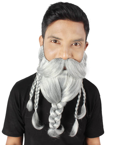 Men's Ash Grey Braided Vikings Beard and Giant Mustache