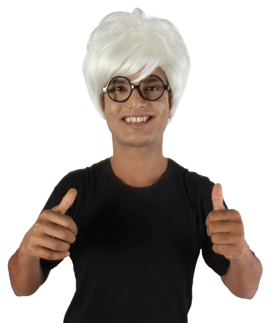 Men’s 50s Famous Unruly Pop Art Artist Messy White Wig with Glasses