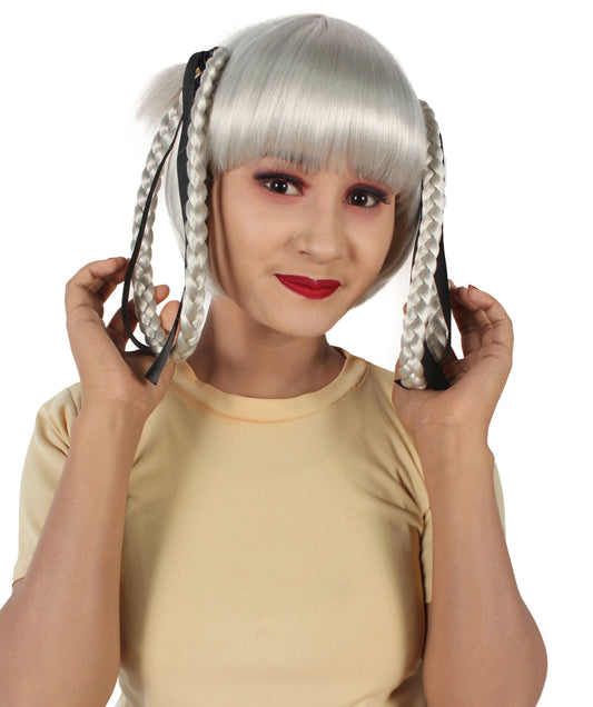 Women’s Anime Gambler Academy Grey Wig with Ribbons Entwined Braids and Bangs I Flame-retardant 100% Synthetic Fiber Fancy Wig