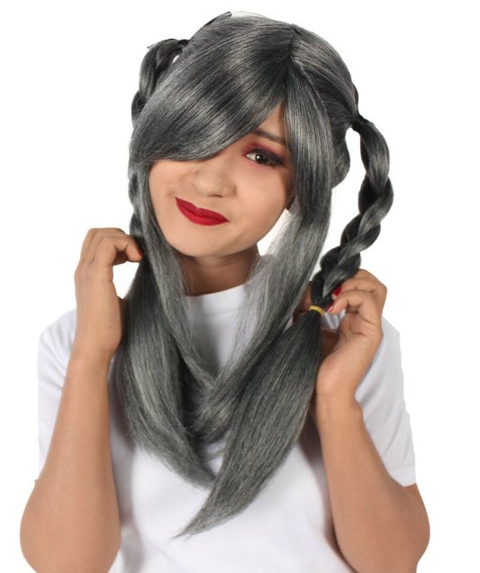 Women’s Anime and Video game Themed Dark Grey Braided Pigtail Wig with Side-swept Bangs I Flame-retardant 100% Synthetic Fiber Fancy Wig