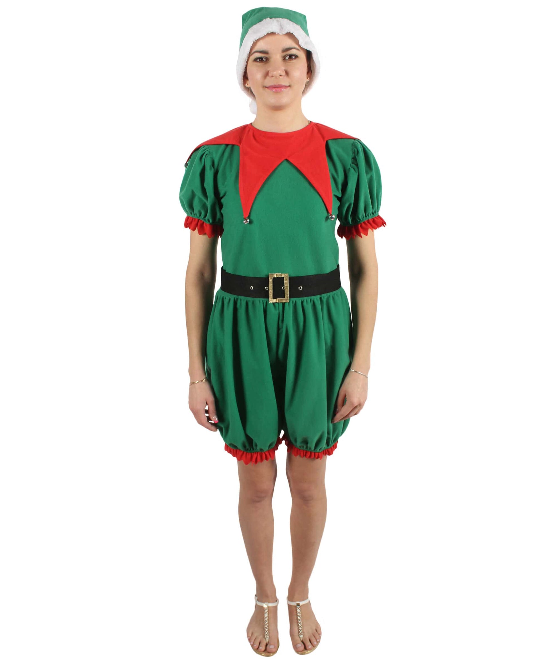 Women’s Christmas Santa Elf Costume with Green-white Hat