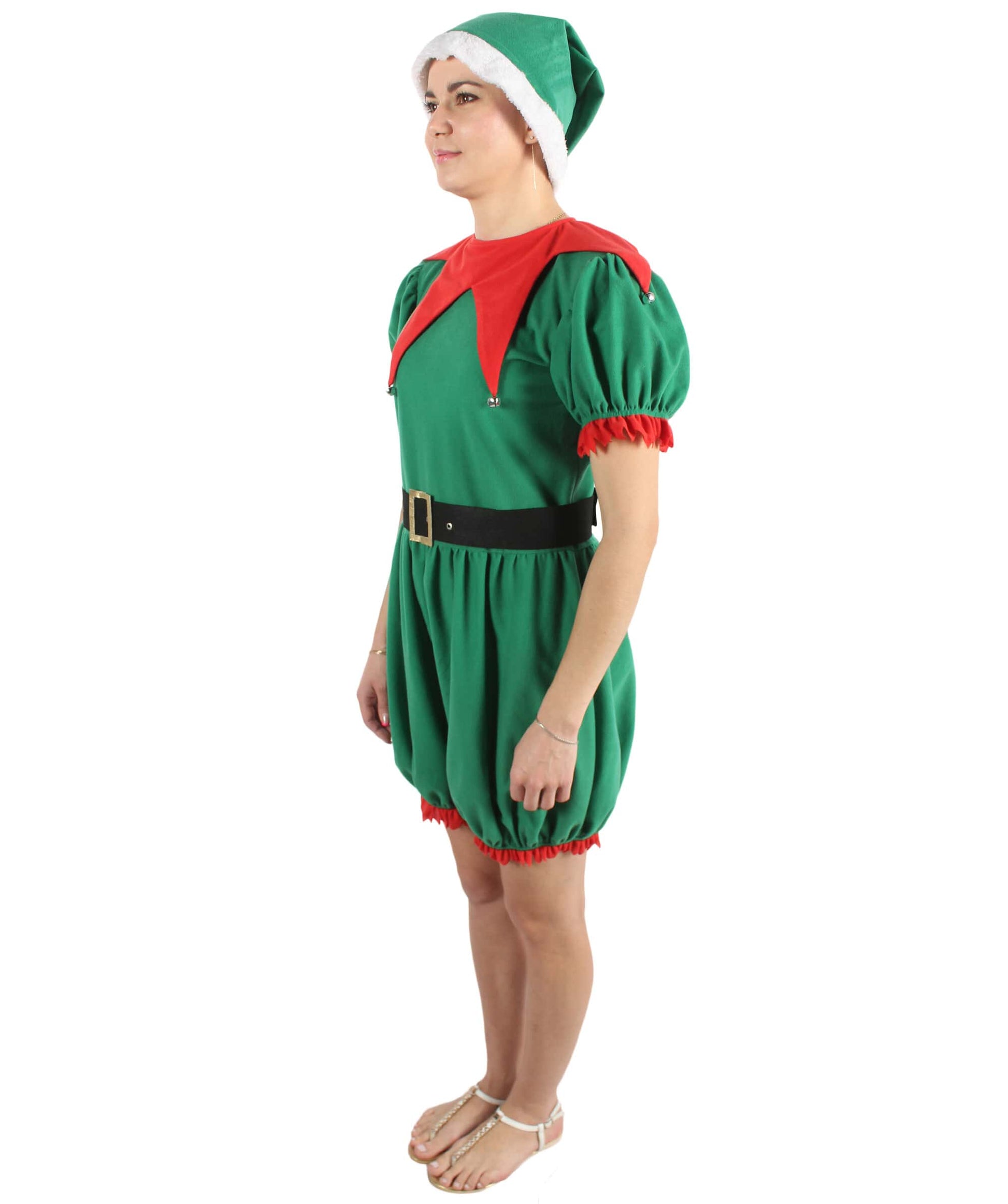 Women’s Christmas Santa Elf Costume with Green-white Hat