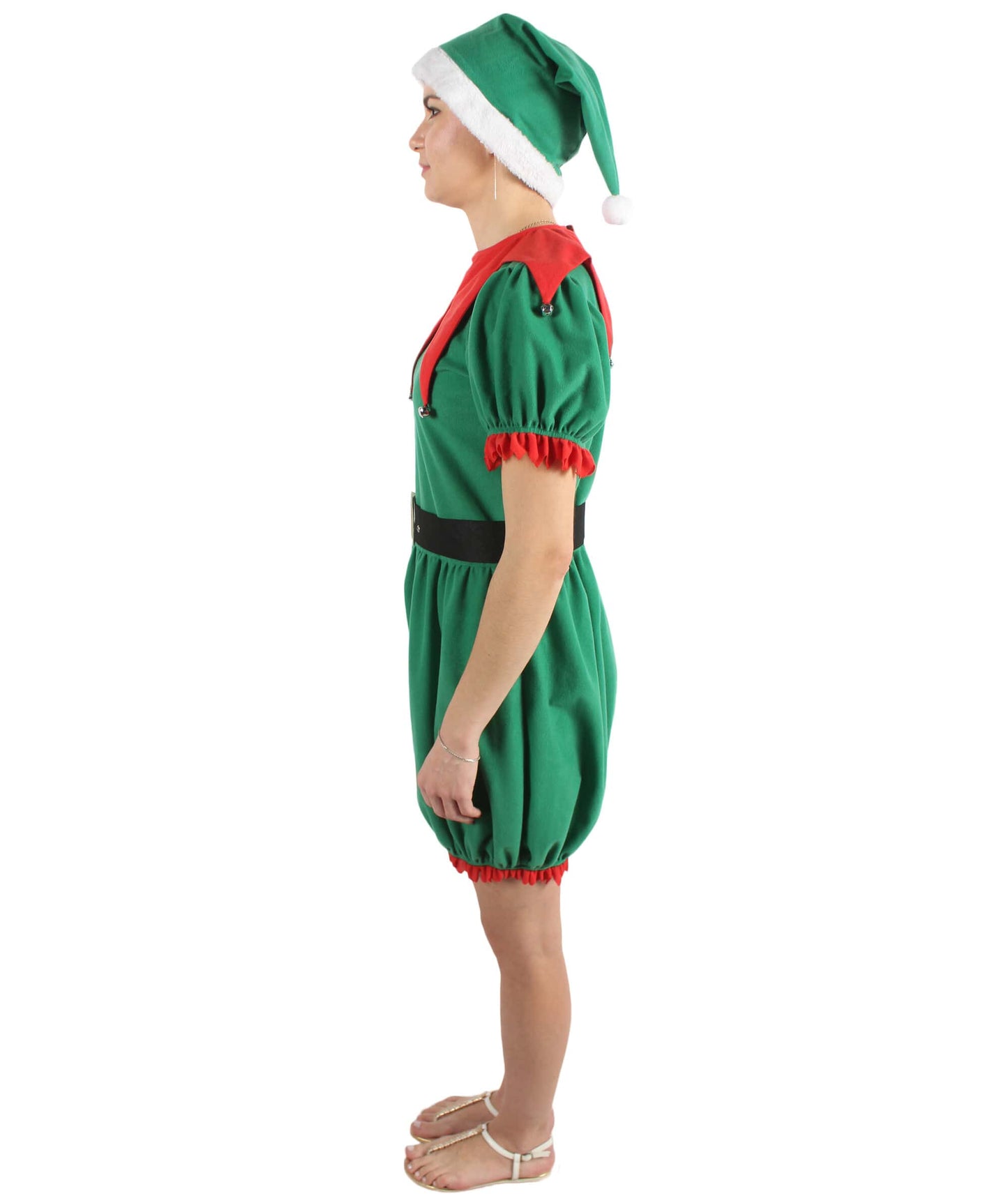 Women’s Christmas Santa Elf Costume with Green-white Hat