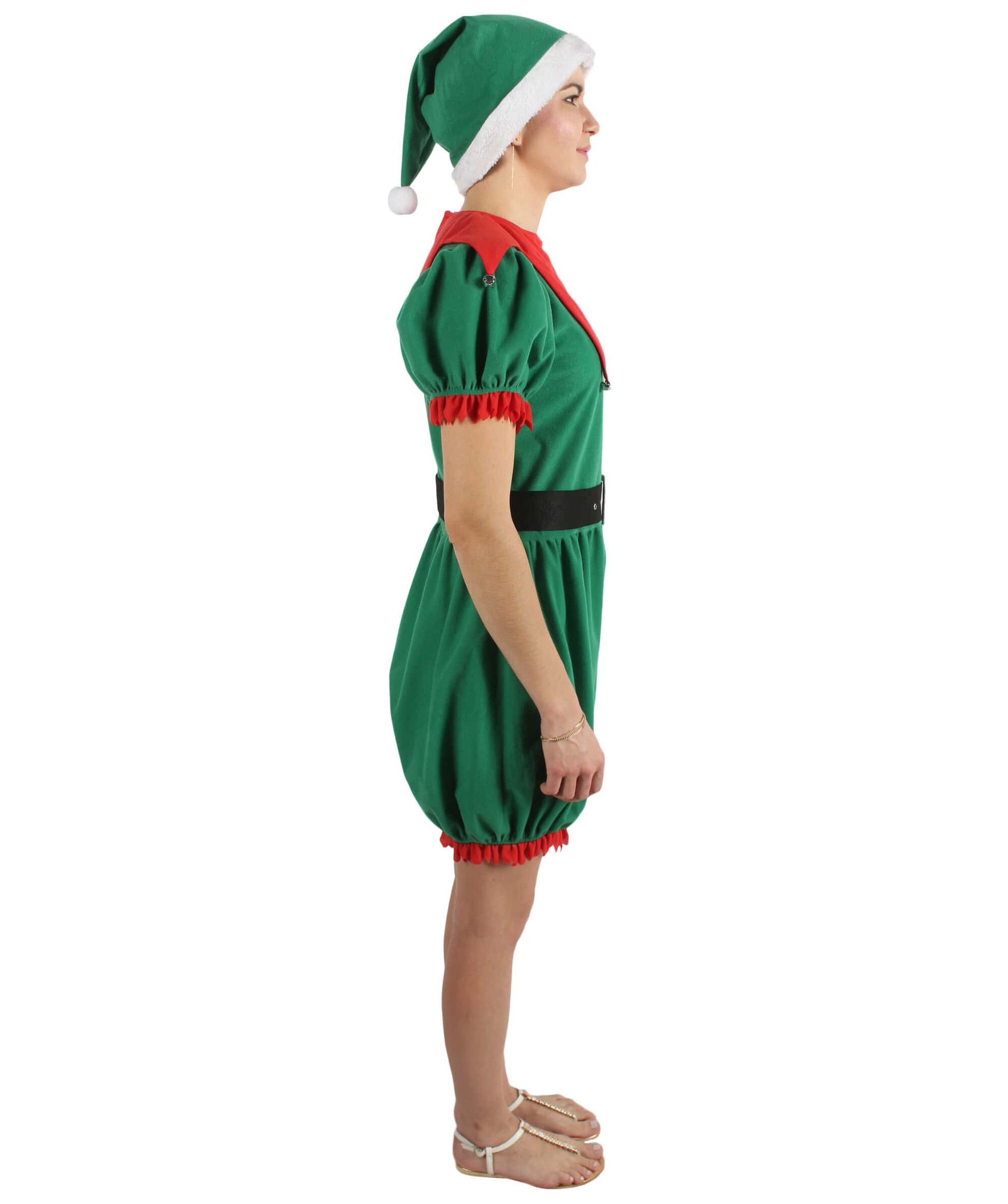 Women’s Christmas Santa Elf Costume with Green-white Hat