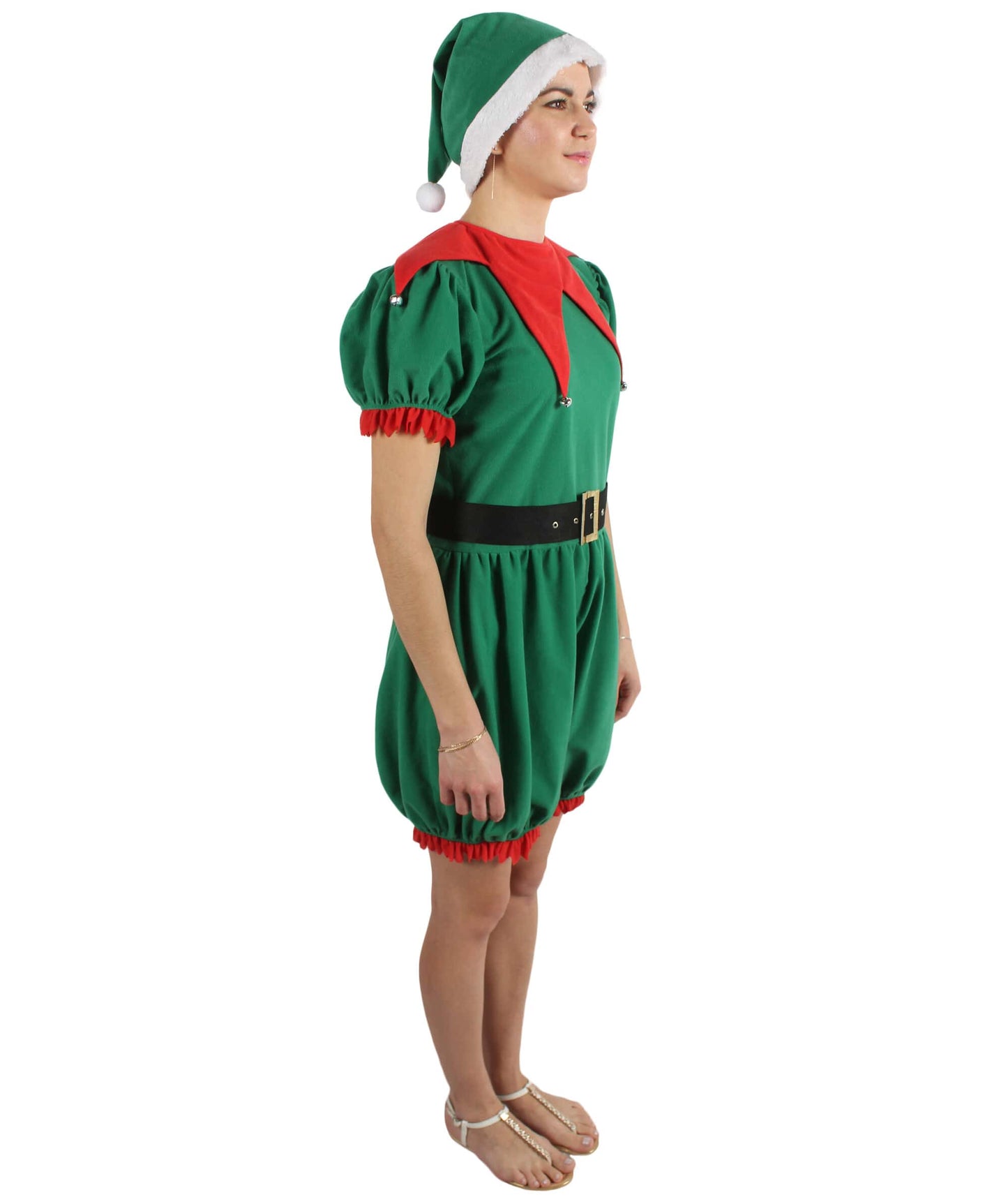 Women’s Christmas Santa Elf Costume with Green-white Hat