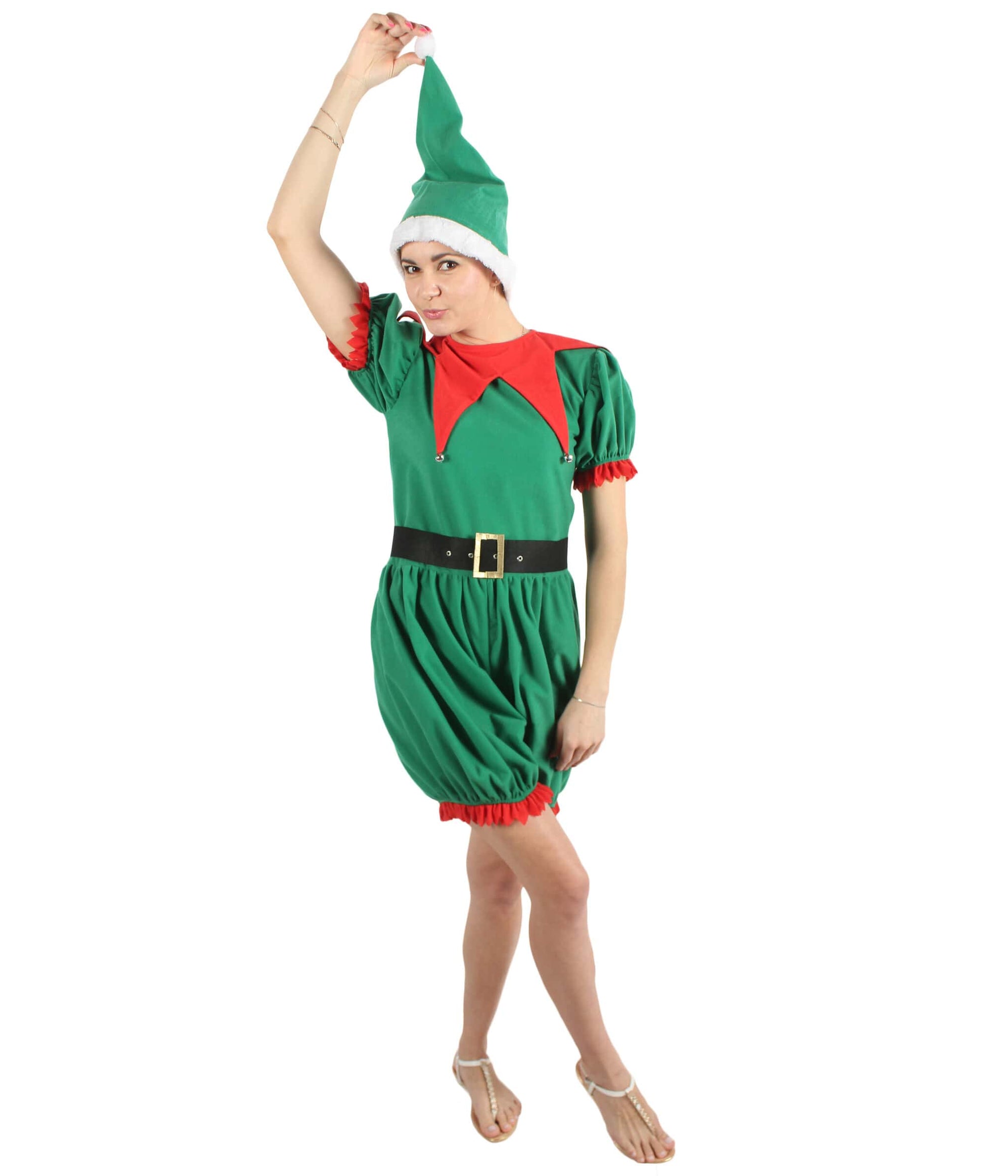 Women’s Christmas Santa Elf Costume with Green-white Hat